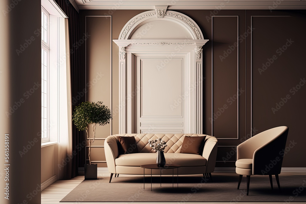 米色和棕色的客厅。空白的空象牙色室内。极简主义现代设计