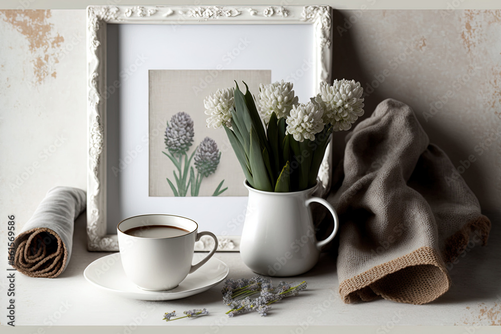 Easter still life in spring. Mockup of a white photo frame on a linen tablecloth. old books on coffe