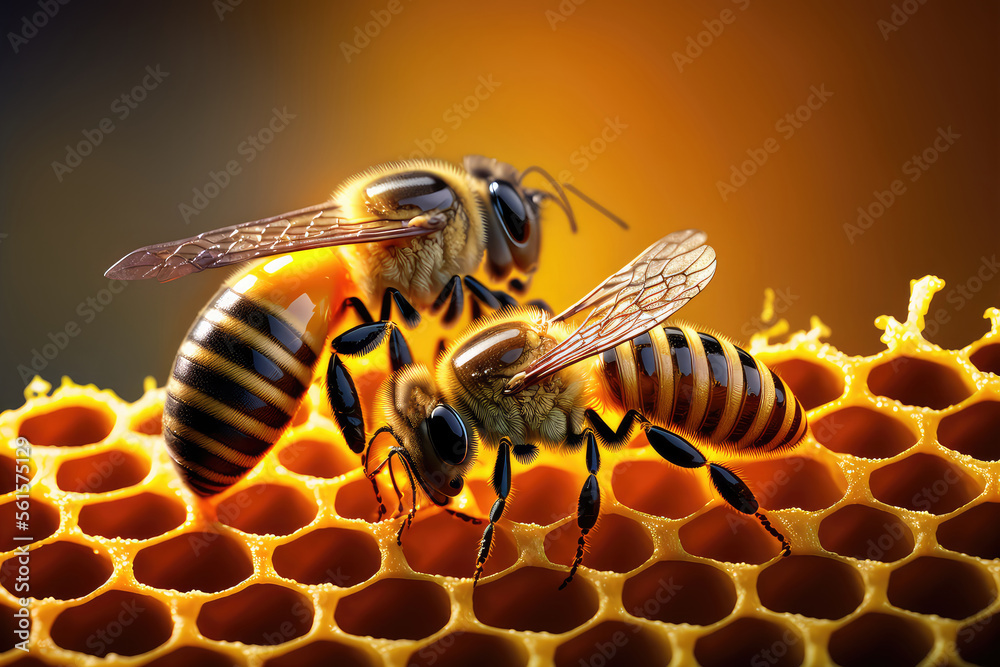 蜜蜂在蜂蜜细胞上的特写（人工智能生成）