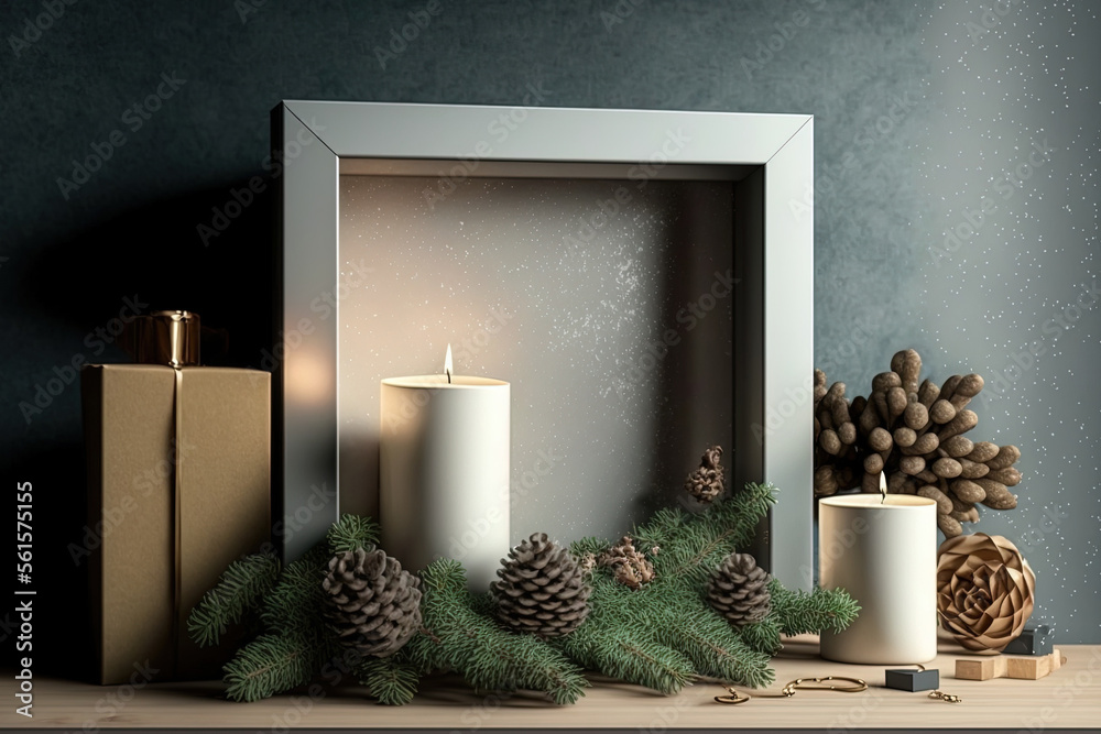 混凝土壁炉上的圣诞装饰，木箱里的圣诞树枝，包装好的礼物，空的