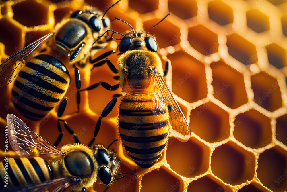 养蜂场蜂巢上蜜蜂的特写-选择性聚焦（人工智能生成）