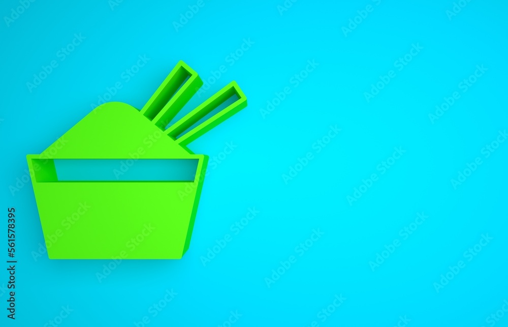 Green Rice in a bowl with chopstick icon isolated on blue background. Traditional Asian food. Minima