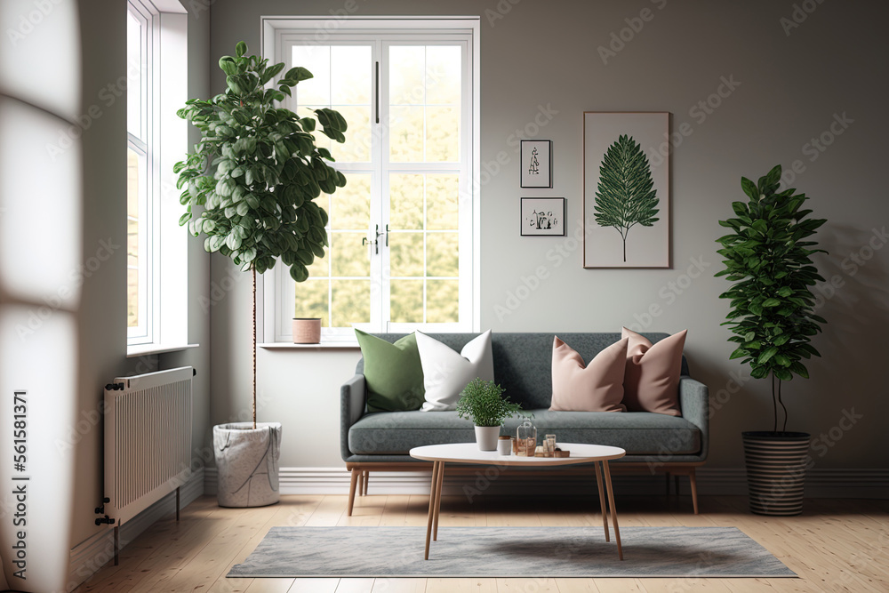 斯堪的纳维亚舒适客厅设计，配有小沙发、植物、树木和概念性学士学位