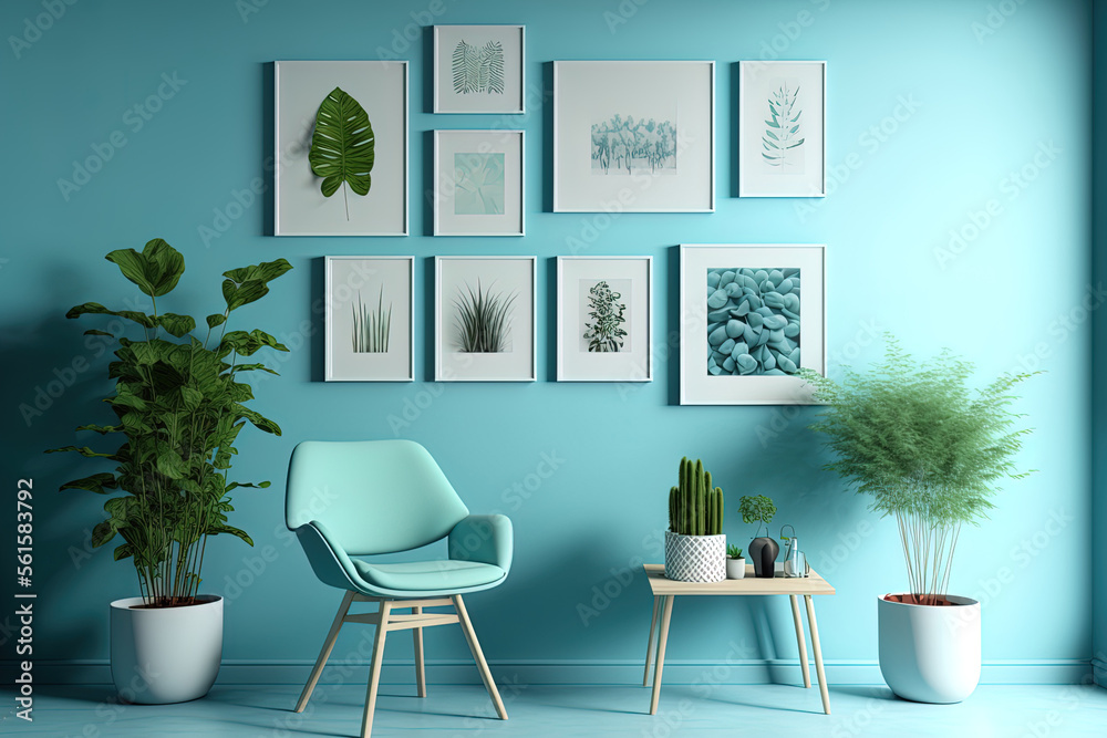 在一套现代公寓里，一间浅蓝色的房间里有一把椅子和植物，墙上有一个走廊。
