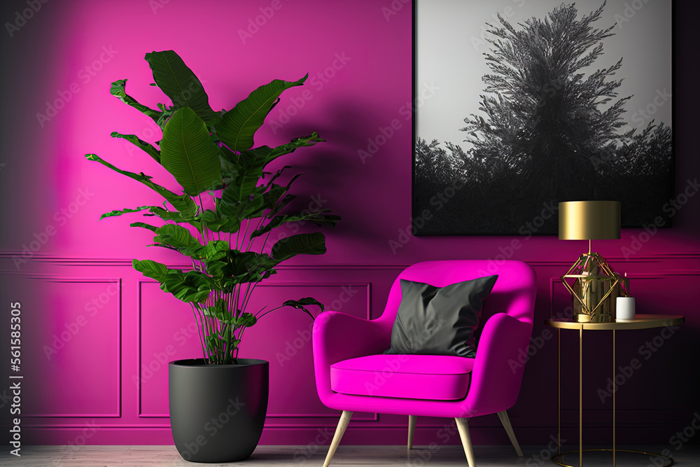 Monochrome living room scene with armchair, lamp wall and side plant pot. Viva magenta is a trend co