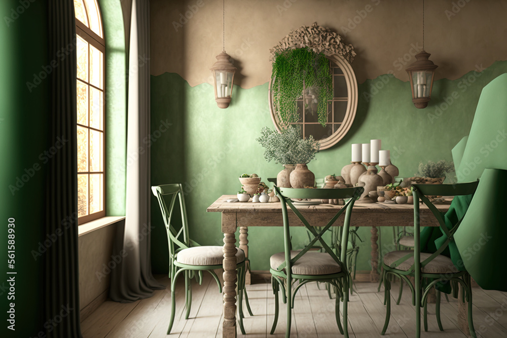 农舍餐厅，配有绿色和米色的木制桌椅。石膏墙，波西米亚风格