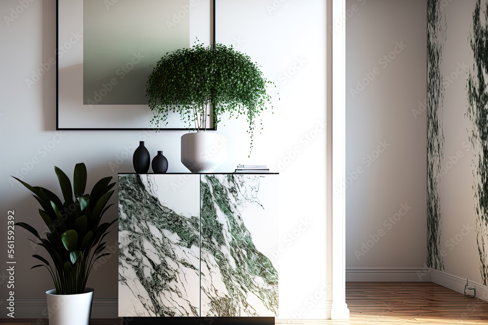 当代客厅里的花岗岩橱柜模型，白墙上有一株植物，.Gener