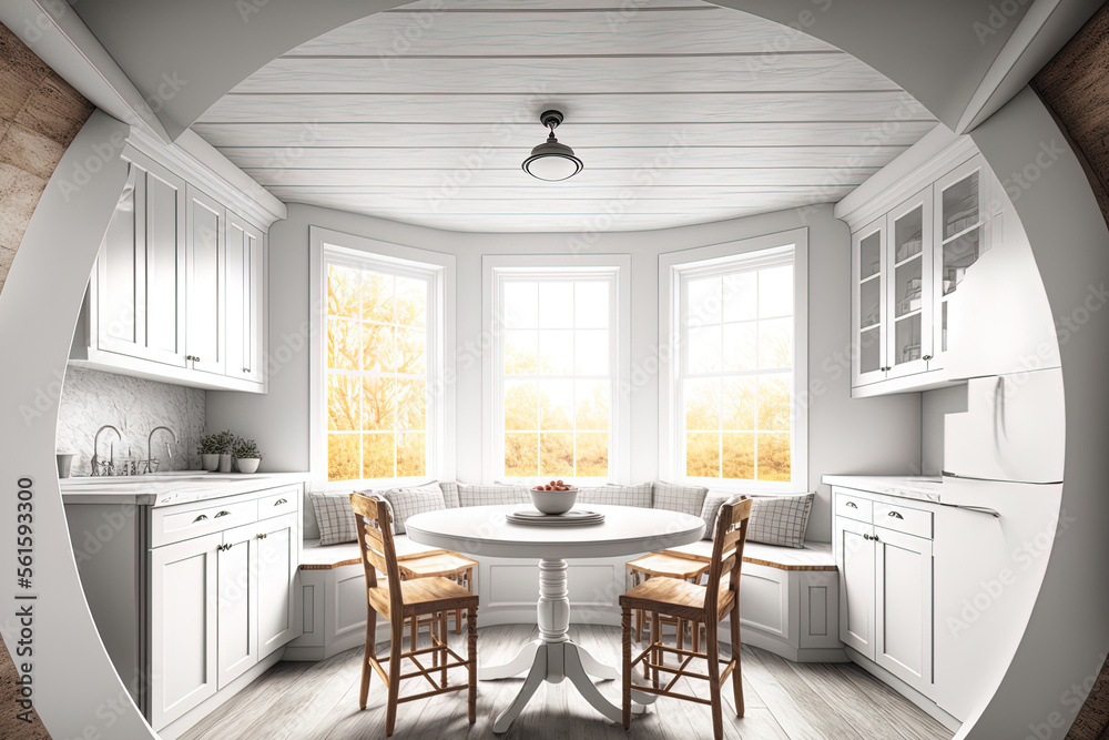 白色厨房里有四个座位和一张圆桌。台面、大理石和白色墙壁、木制c