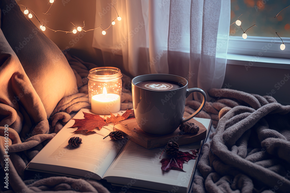 Winter cozy composition with cup of coffee, warm scarf, piece of chocolate wafer, lights and e book 