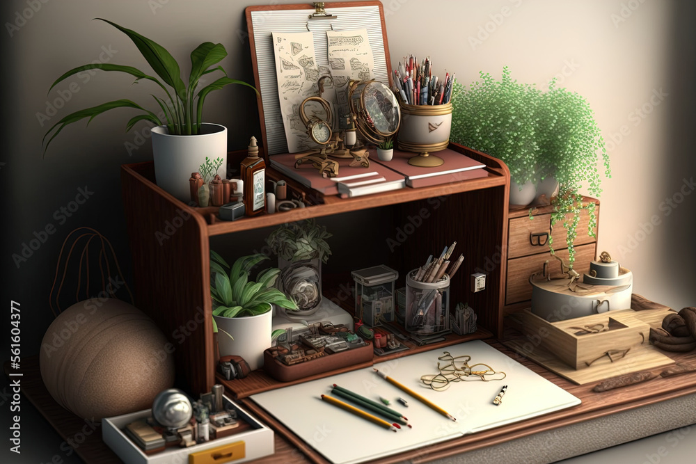 Figures for desk and home décor, boxes, books, and plants. Stylish workstation for the arts. Generat