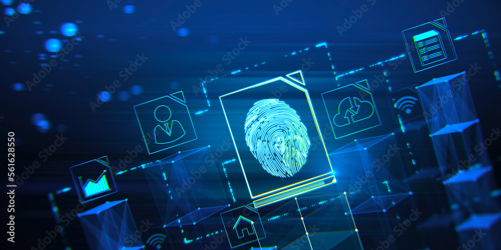 Technology safety and personal data security concept with digital blue human fingerprint on abstract