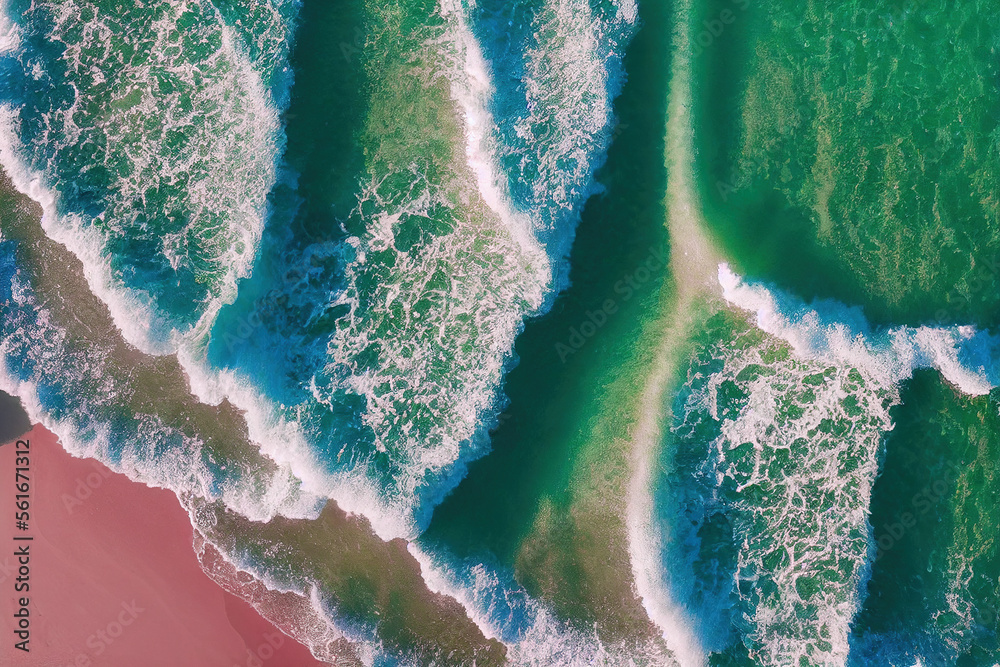 Spectacular top view from drone photo of beautiful pink beach with relaxing sunlight, sea water wave