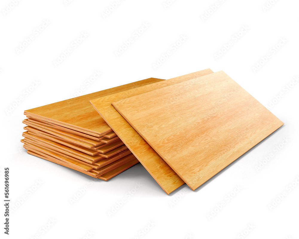 Stack of plywood sheets isolated on a white background, 3d illustration