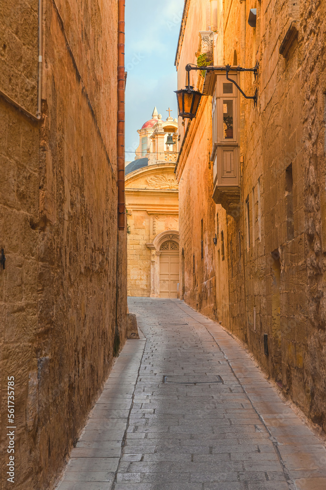 马耳他Mdina镇古老的中世纪狭窄的空街道，有路灯。垂直方向。Trav
