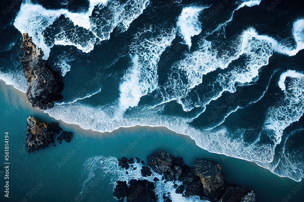 壮观的无人机照片，海浪冲击岩石悬崖的海景俯视图，日落在地平线上