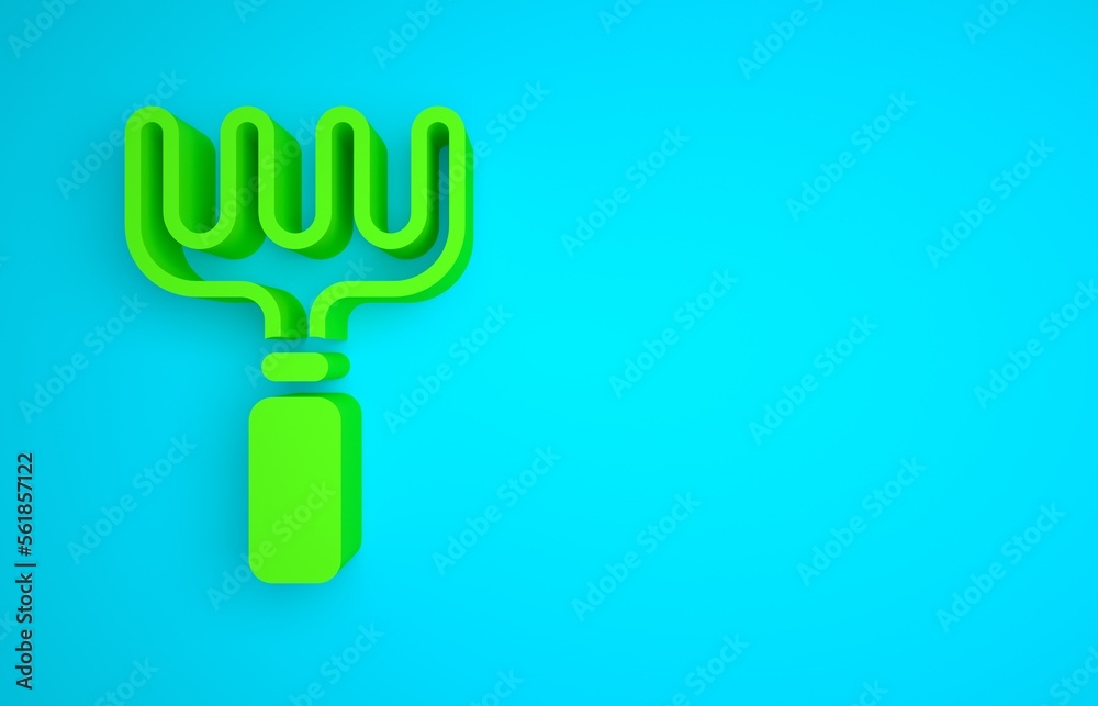 蓝色背景上隔离的绿色花园耙子图标。园艺、农业、农业工具。Gro