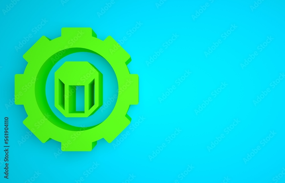 Green 3D printer setting icon isolated on blue background. 3d printing. Minimalism concept. 3D rende