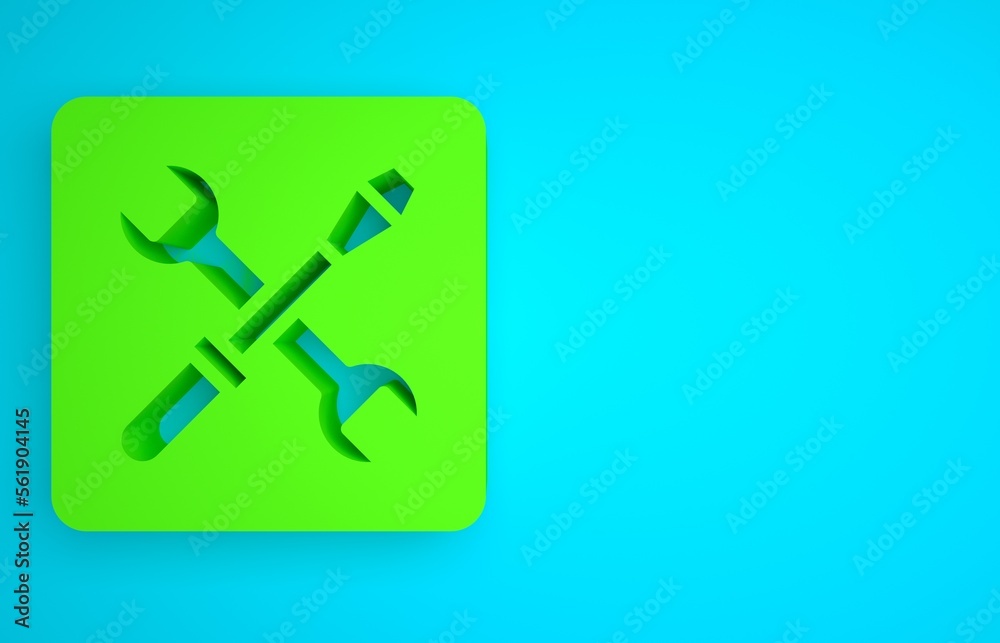 Green 3D printer setting icon isolated on blue background. 3d printing. Minimalism concept. 3D rende