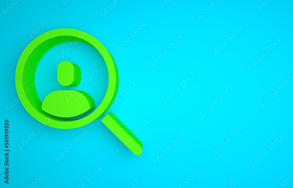 用于搜索蓝色背景上隔离的人物图标的绿色放大镜。招聘或选择