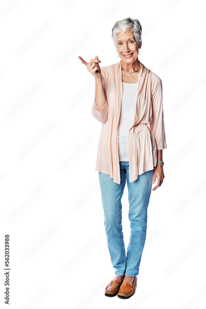 Mockup, portrait and senior woman point at sales promotion, luxury present gift or discount deal moc