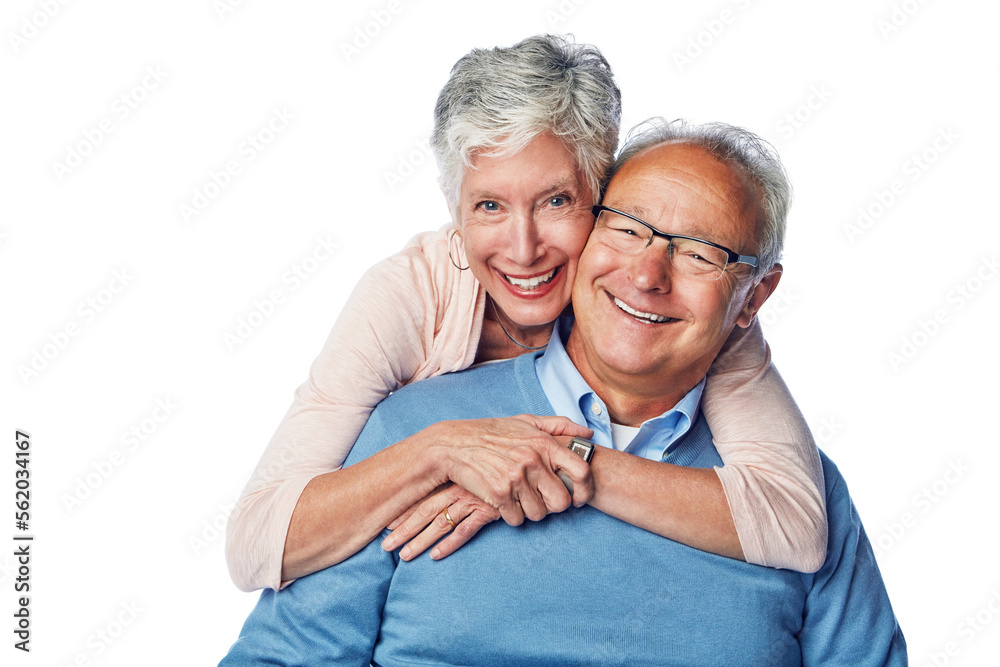 Love, senior and portrait of couple hug, smile and happy together against a studio white background.