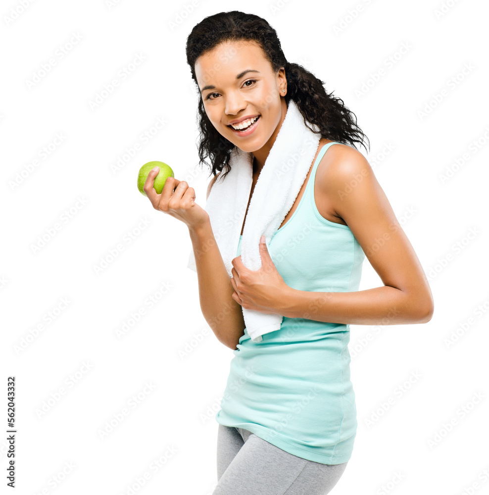 PNG of a healthy young woman about to eat an apple isolated on a PNG background.