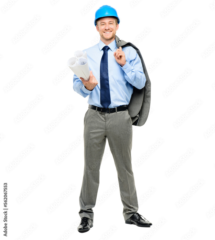 A handsome young contractor standing alone in the studio and holding blueprints isolated on a PNG ba