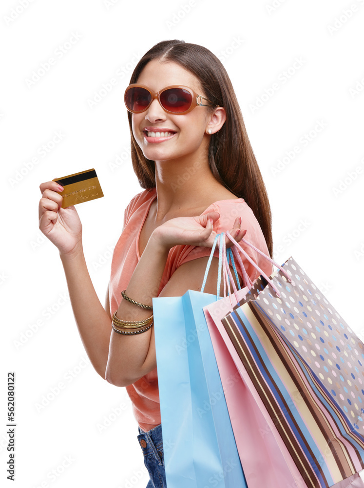 女士、购物袋和信用卡，用于工作室肖像、白色背景、隔离和产品