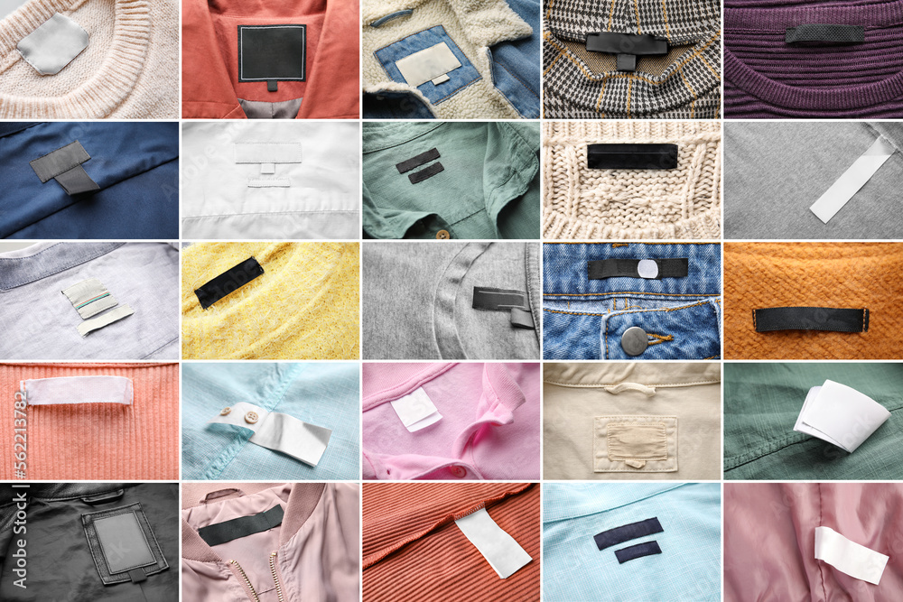 Collage of labels on clothes, closeup view