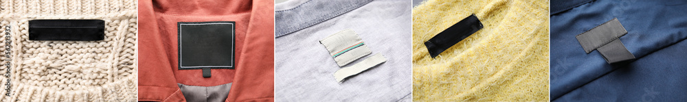Collage of labels on clothes, closeup view