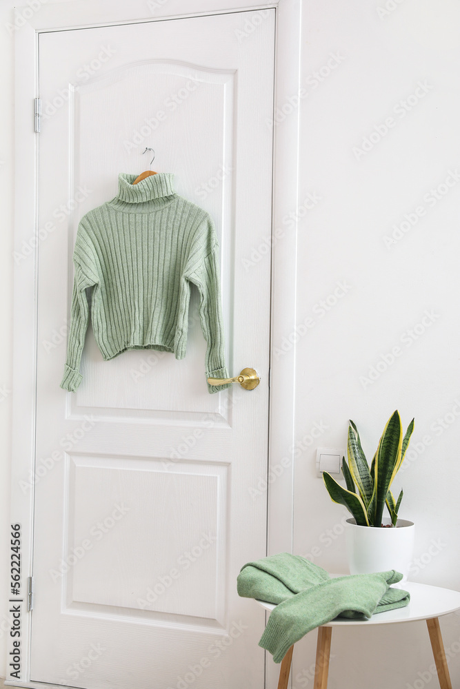 绿色毛衣挂在房间的白色门上