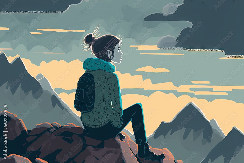 一位女士平静地坐在山顶上，凝视着低垂的云朵和天空。