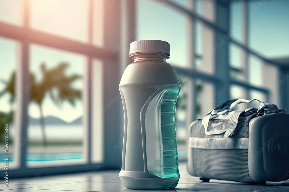 豪华健身房中的选择性聚焦瓶装水和模糊健身设备。训练cla中的运动工具