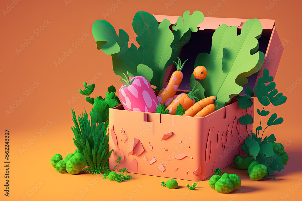 Carrots, Easter eggs, and springtime foliage emerge from the pink box. nature theme for spring. East