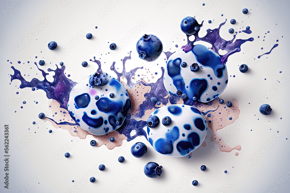 Close up of wet blueberries in milk splatters on a white background. Generative AI