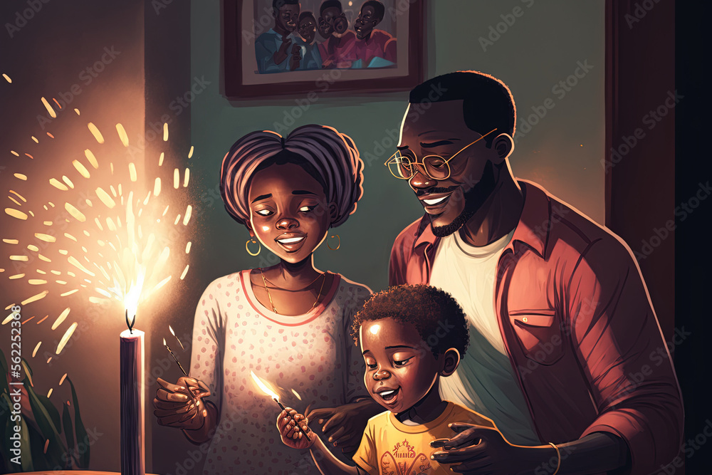 Focus is on the right of a joyful African family using sparklers outside at home. Generative AI