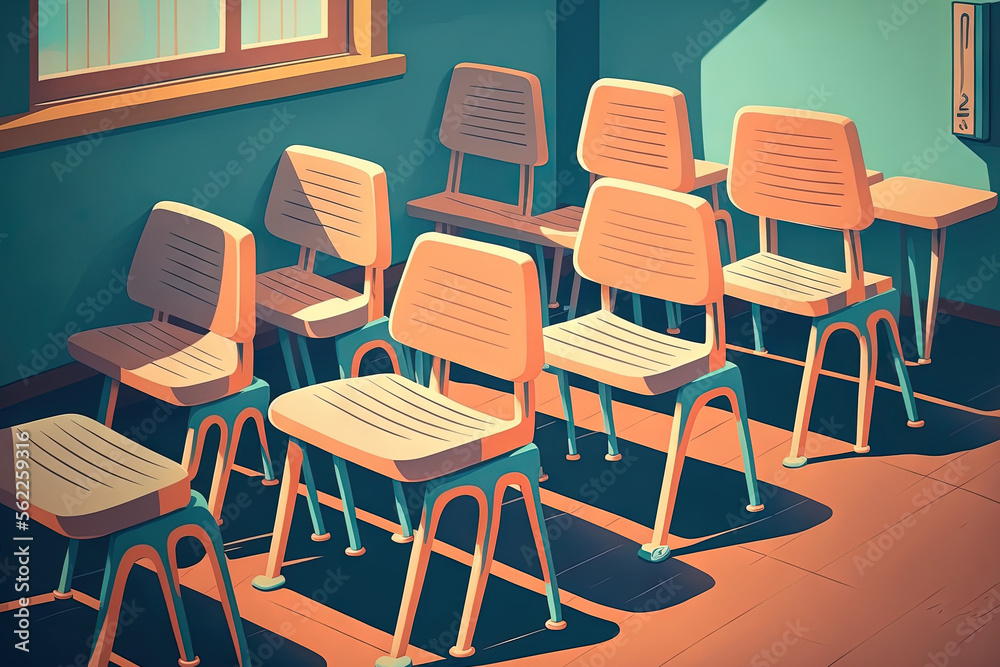 椅子在学校的桌子上。学校的家具。班级正在等学生上课。Genera