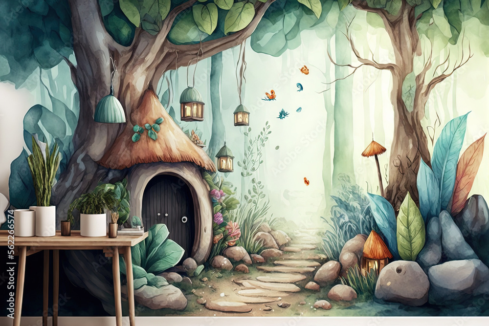 童话森林水彩插图。儿童室内壁纸。Generative AI
