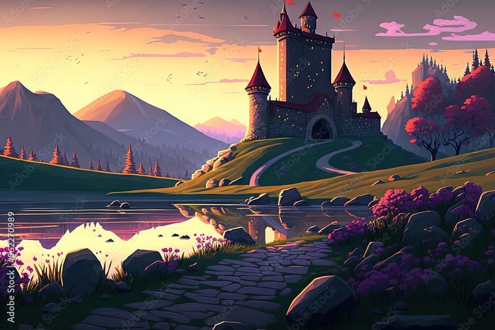日出时，这座大城堡位于一个与河流接壤的山谷中。生成AI