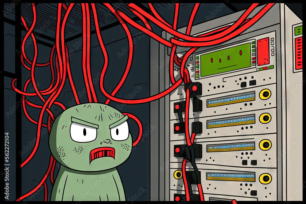在服务器室内，一个带有红色互联网跳线的服务器机架连接到一个接线板。Ge