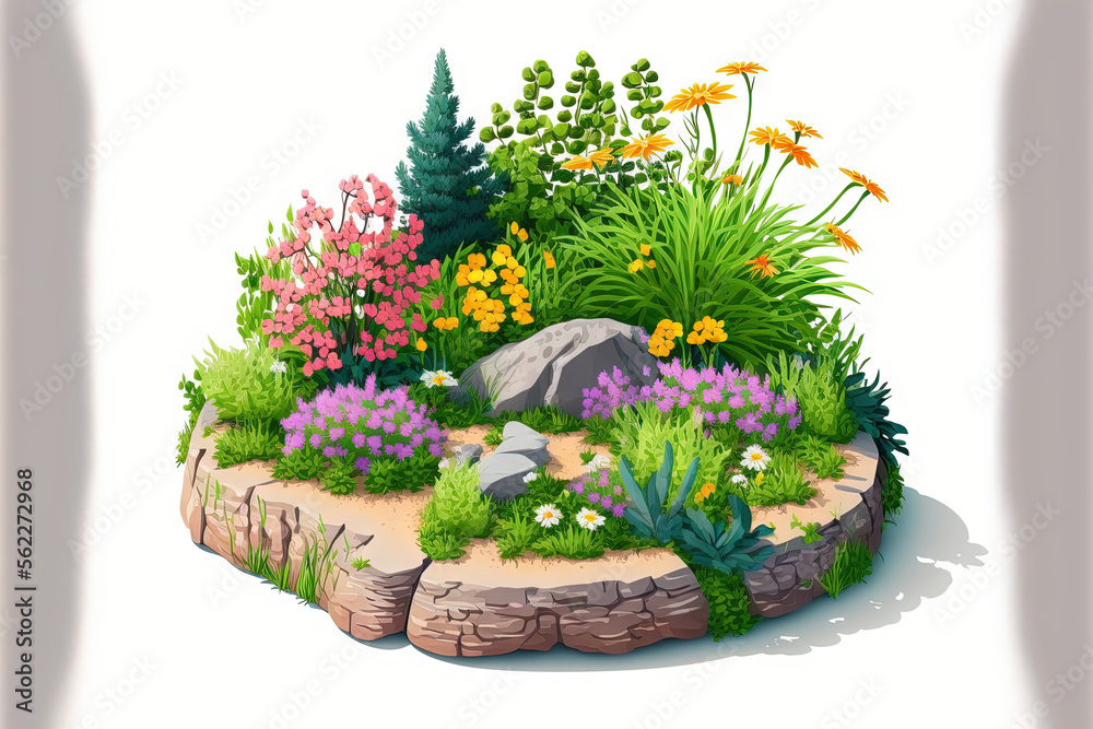 flowerbed with cuts. Isolated plants and flowers on a white backdrop. Garden design with a flower be