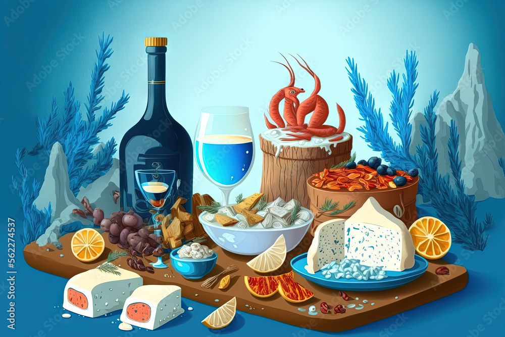 蓝色开胃菜、土豆泥、奶酪和一张有虾、贻贝、凤尾鱼和