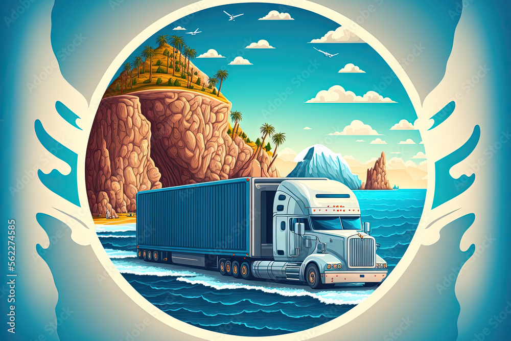 一辆卡车在一条只有海运和空运货物的路线上行驶的插图。每种货运方式