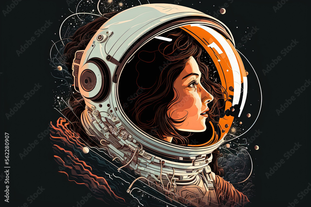 美丽的女宇航员在轨道上戴着头盔，头转向地球。exp