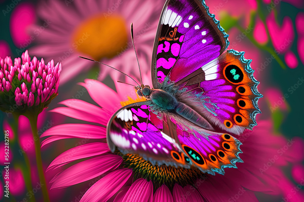 Beautiful multicolored butterfly on a macro of a vivid pink magenta blooming daisy in spring. amazin