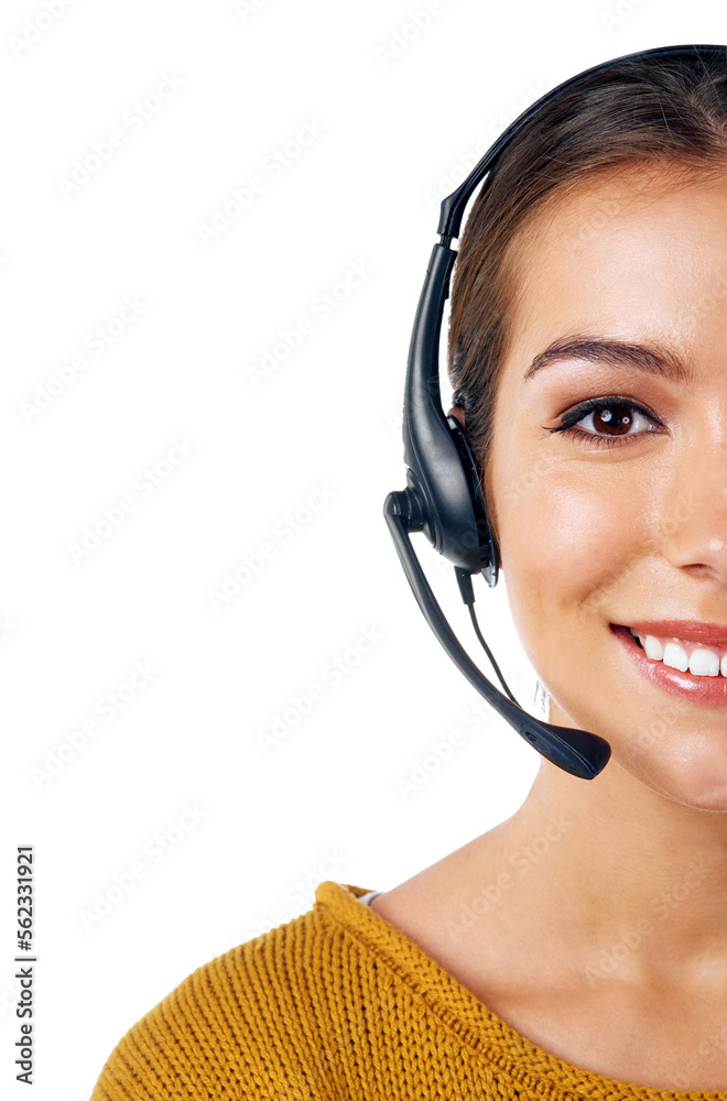 Call center, consultant and cropped portrait of woman isolated with smile and communication on white