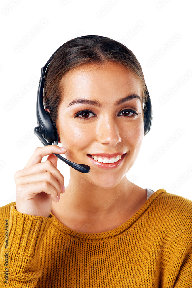 电话营销、客户关系管理和女性画像，白底微笑，与沟通隔离