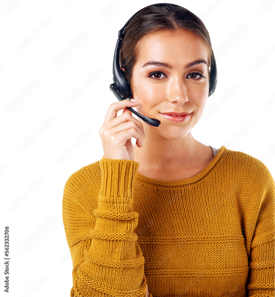 Call center, smile and portrait of woman isolated with consulting and communication on white backgro