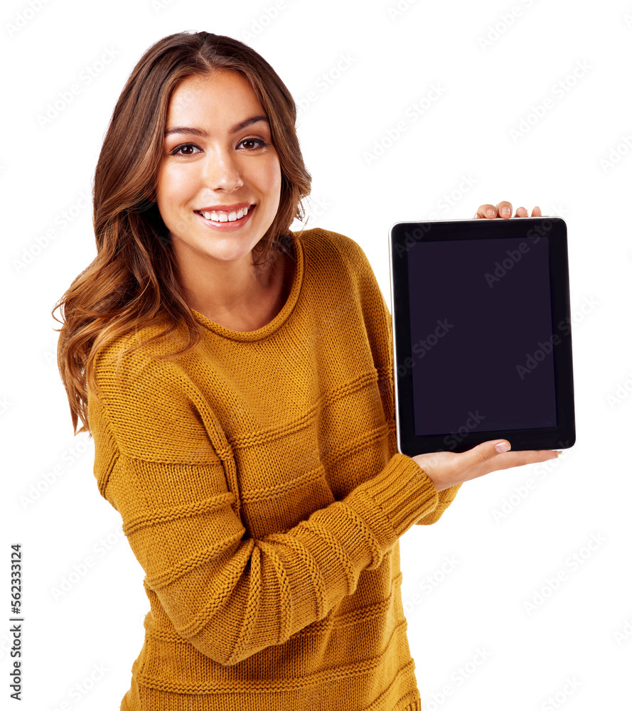 独立白色背景下的女性、肖像或平板电脑模型屏幕，用于大学电子学习、视频卡