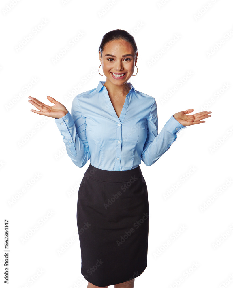 商务女性，面带微笑，双手张开，为员工激励或积极的min做好准备